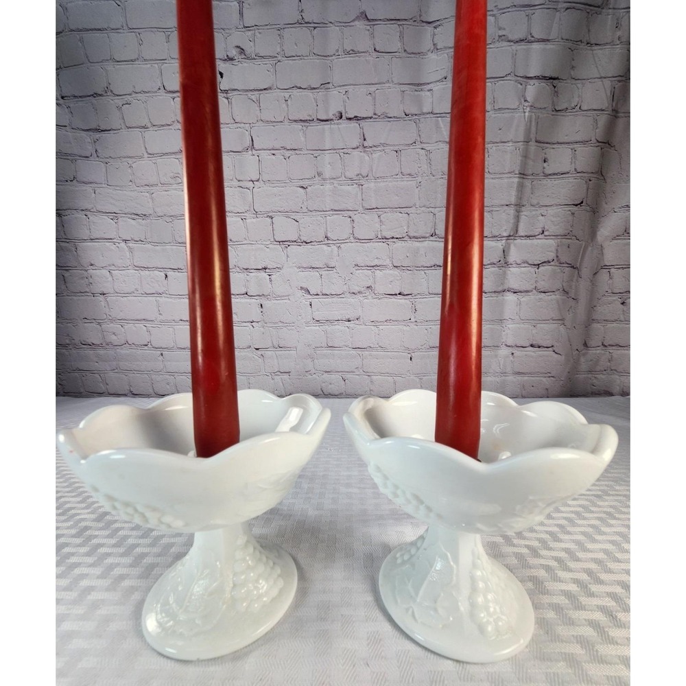 Vintage White Milk Glass Candlestick Holder SET Of 2 Pedestal Base Grape Design